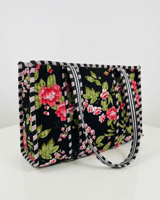 Black Floral Quilted Mini Tote Bag 10X12