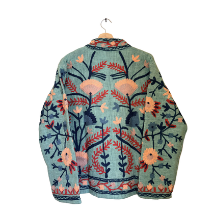 Women’s Emerald Green Suzani Reversible Cotton Jacket – Artistic Embroidered Statement Jacket