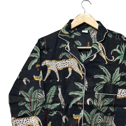 Women's Black Safari Print Cotton Night Suit Set – Cute Two Piece Pajama Set
