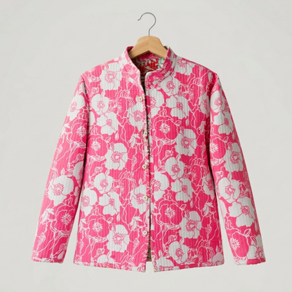 Pink Floral – Long Cotton Quilted Reversible Jacket