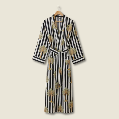 Midnight Palms women's black and white cotton kimono. Monochrome
 tropical palm leaf print lightweight cotton housecoat.