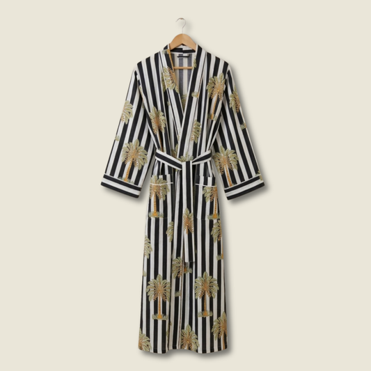 Midnight Palms women's black and white cotton kimono. Monochrome
 tropical palm leaf print lightweight cotton housecoat.
