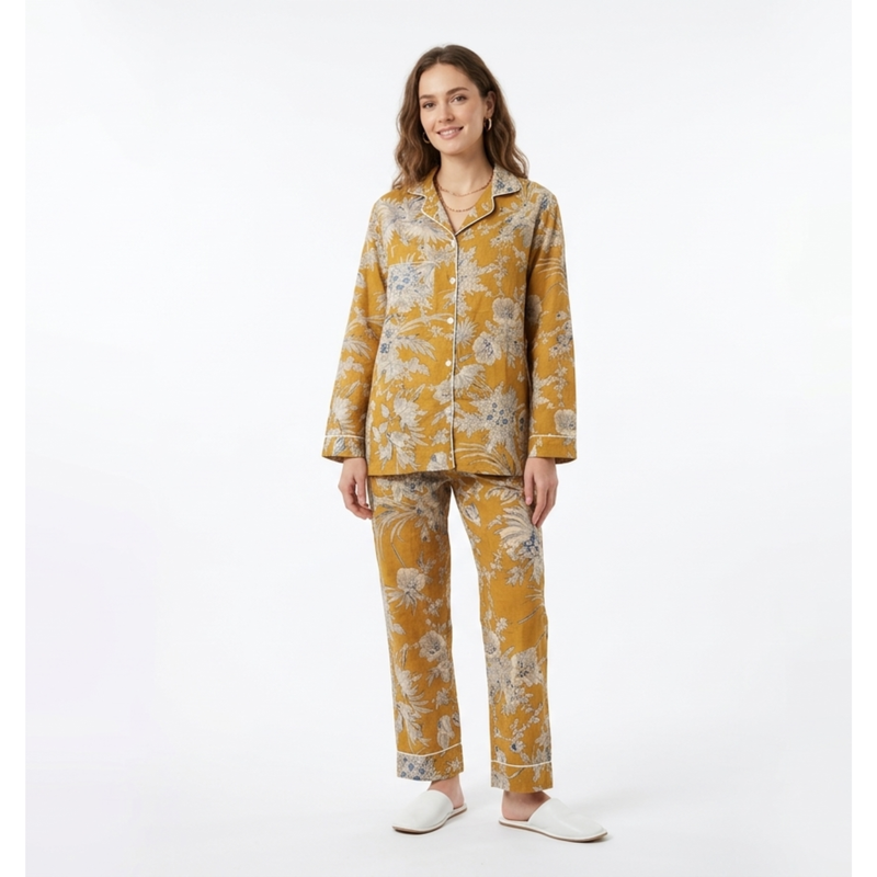 Golden Bloom Yellow Floral Cotton Night Suit Set by House of Arya