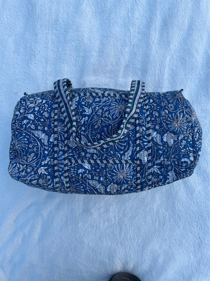 Blue Floral Print Quilted Cotton Duffle Bag – Lightweight Travel Weekender