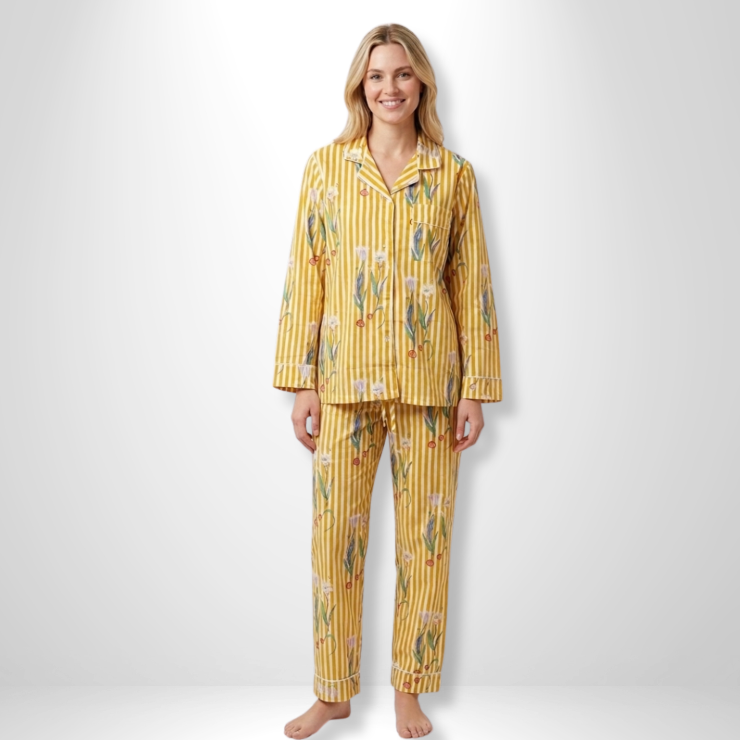 Women's Yellow Onion Stripe Cotton Night Suit Set – Elegant Two Piece Pajama Set