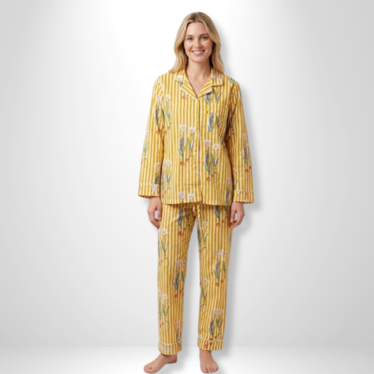 Women's Yellow Onion Stripe Cotton Night Suit Set – Elegant Two Piece Pajama Set