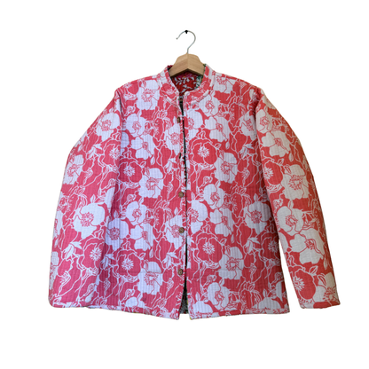 Pink Floral – Long Cotton Quilted Reversible Jacket