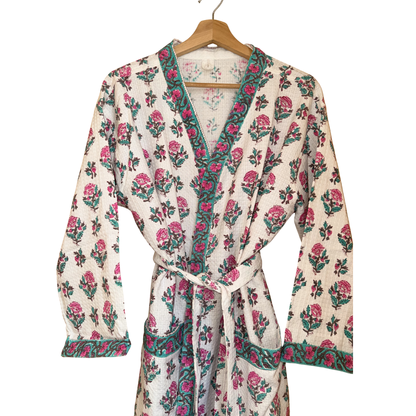 Petal White Comfort Handblock Waffle Bathrobe – Luxury Spa Robe