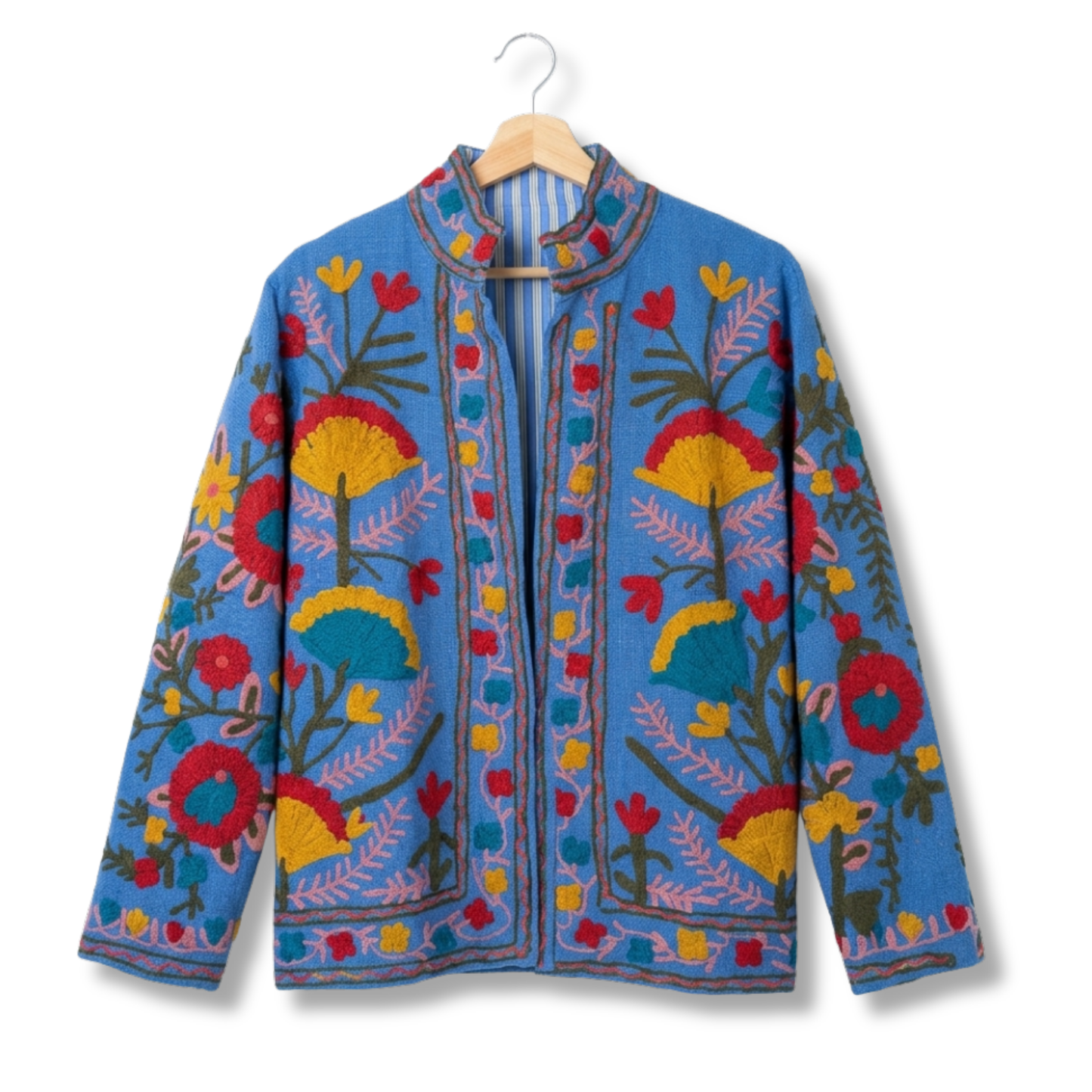 Midnight Garden Suzani Jacket – Women’s Blue Cotton Reversible Embroidered Floral Jacket