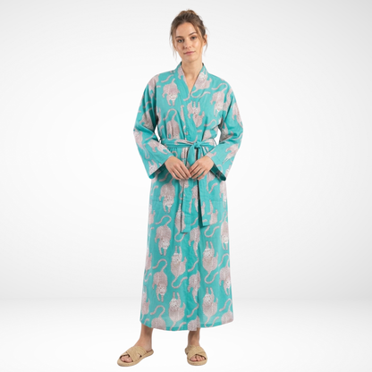 Teal Tiger Tales – Women’s Cotton Kimono