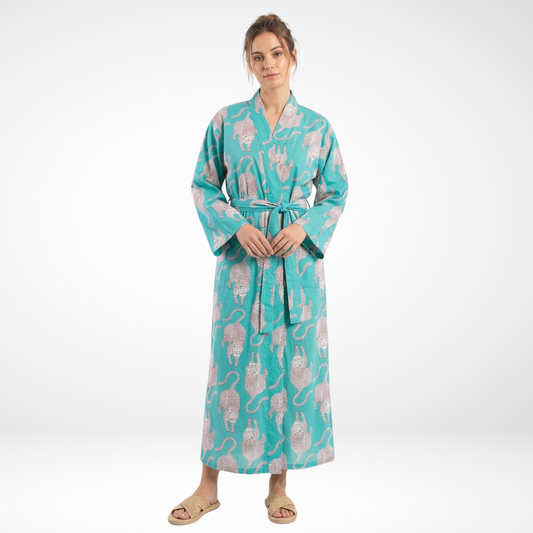 Teal Tiger Tales – Women’s Cotton Kimono