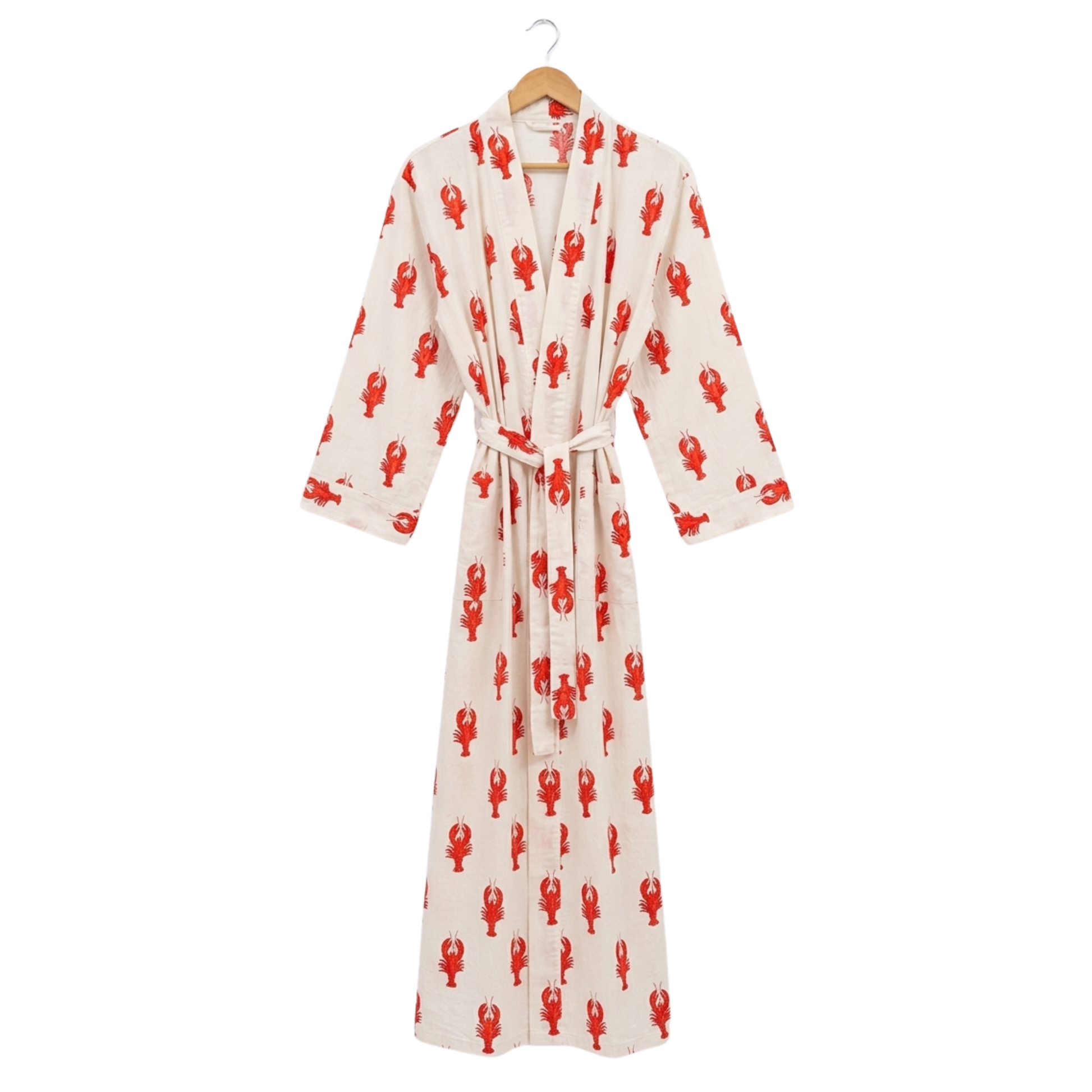 White Lobster Love women's cotton kimono. Quirky red
 lobster print lightweight white cotton dressing gown for beach or home.