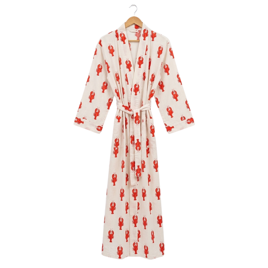 White Lobster Love women's cotton kimono. Quirky red
 lobster print lightweight white cotton dressing gown for beach or home.