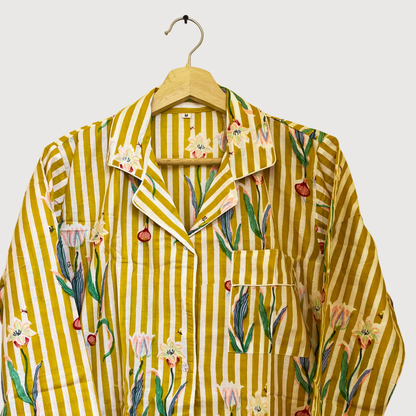 Women's Yellow Onion Stripe Cotton Night Suit Set – Elegant Two Piece Pajama Set