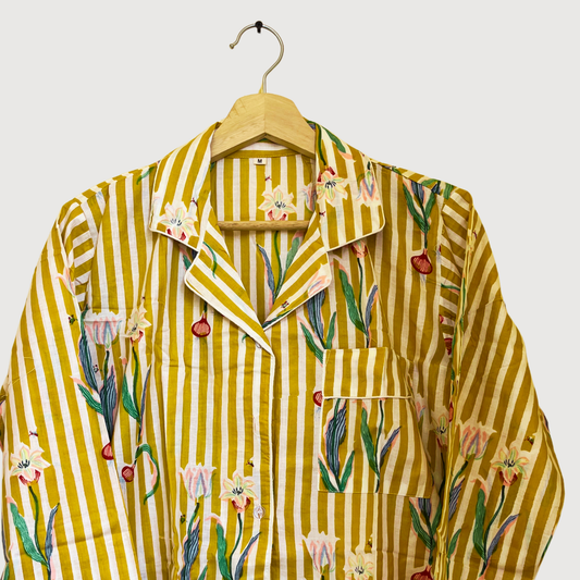 Women's Yellow Onion Stripe Cotton Night Suit Set – Elegant Two Piece Pajama Set
