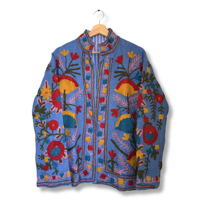 Midnight Garden Suzani Jacket – Women’s Blue Cotton Reversible Embroidered Floral Jacket