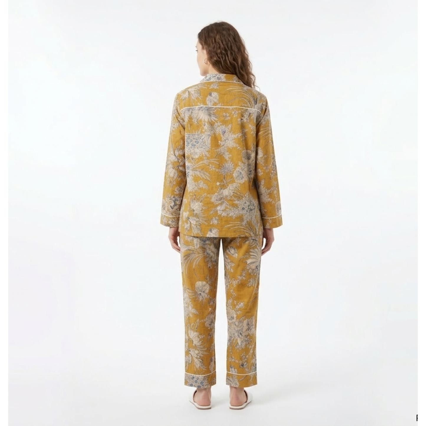 Women’s Golden Bloom Yellow Floral Cotton Night Suit Set -– Elegant Two Piece Pajama Set