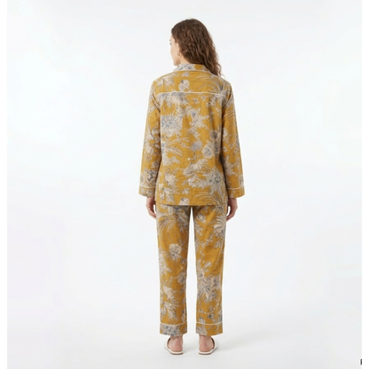 Women’s Golden Bloom Yellow Floral Cotton Night Suit Set -– Elegant Two Piece Pajama Set