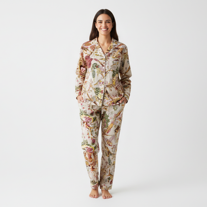 Women’s Beige Floral Print Cotton Night Suit Set – Elegant Two Piece Pajama Set