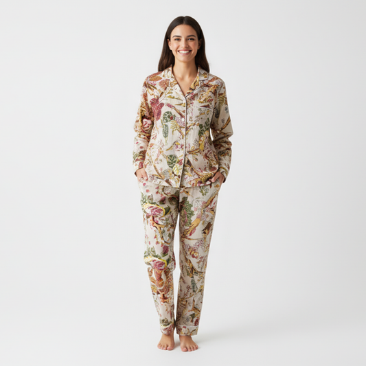 Women’s Beige Floral Print Cotton Night Suit Set – Elegant Two Piece Pajama Set