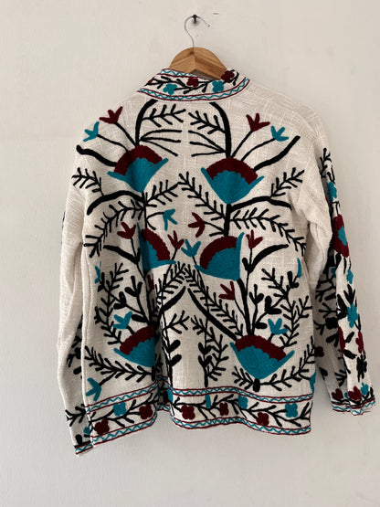 Women's White Floral Suzani Reversible Velvet Jacket – Artistic Embroidered Statement Jacket