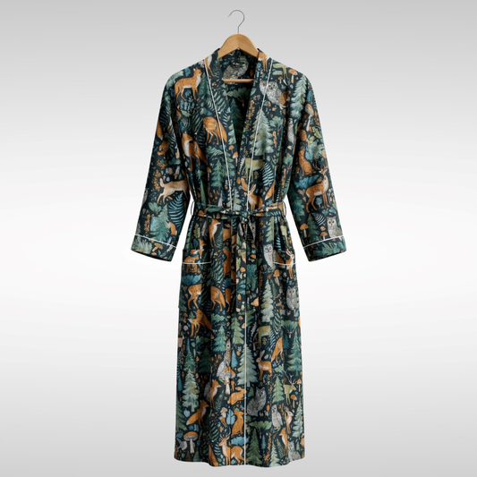 Midnight jungle riot women's cotton kimono. Dark, moody 
tropical jungle and wildlife print lightweight cotton housecoat.