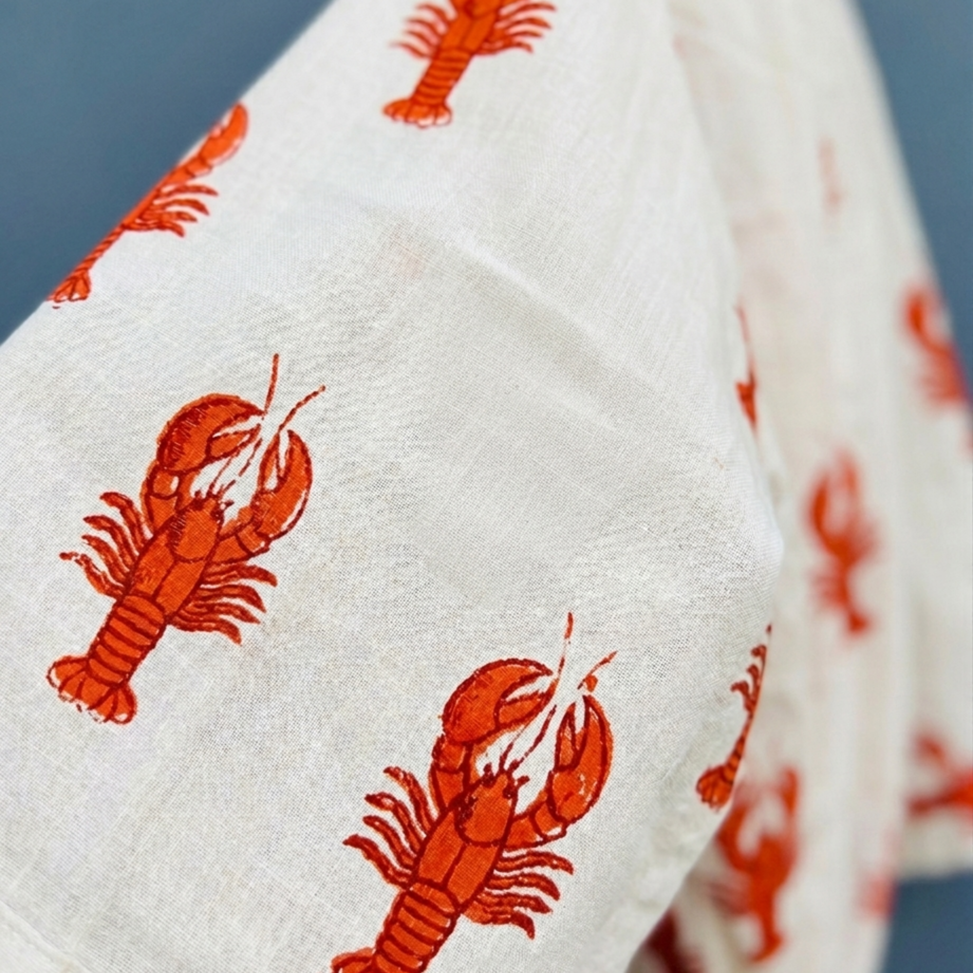 White Lobster Love women's cotton kimono. Quirky red
 lobster print lightweight white cotton dressing gown for beach or home.