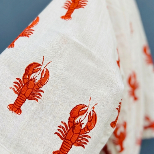 White Lobster Love women's cotton kimono. Quirky red
 lobster print lightweight white cotton dressing gown for beach or home.
