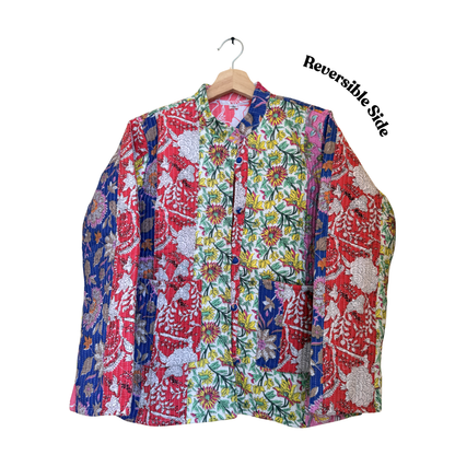 Pink Floral – Long Cotton Quilted Reversible Jacket
