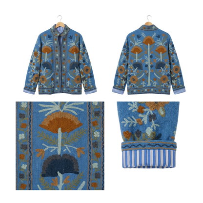 Royal Bloom Suzani Jacket – Women’s Blue Cotton Reversible Embroidered Floral Jacket