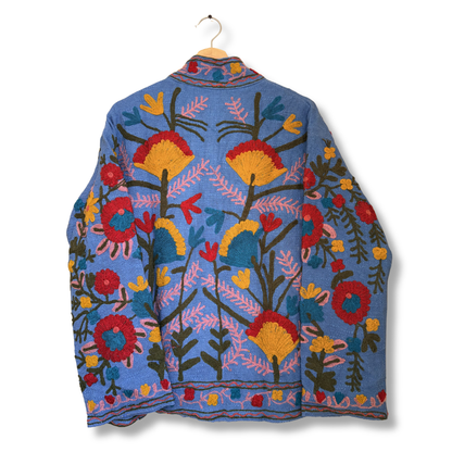 Midnight Garden Suzani Jacket – Women’s Blue Cotton Reversible Embroidered Floral Jacket