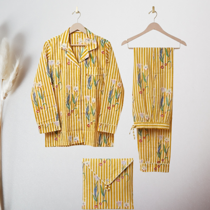 Women's Yellow Onion Stripe Cotton Night Suit Set – Elegant Two Piece Pajama Set