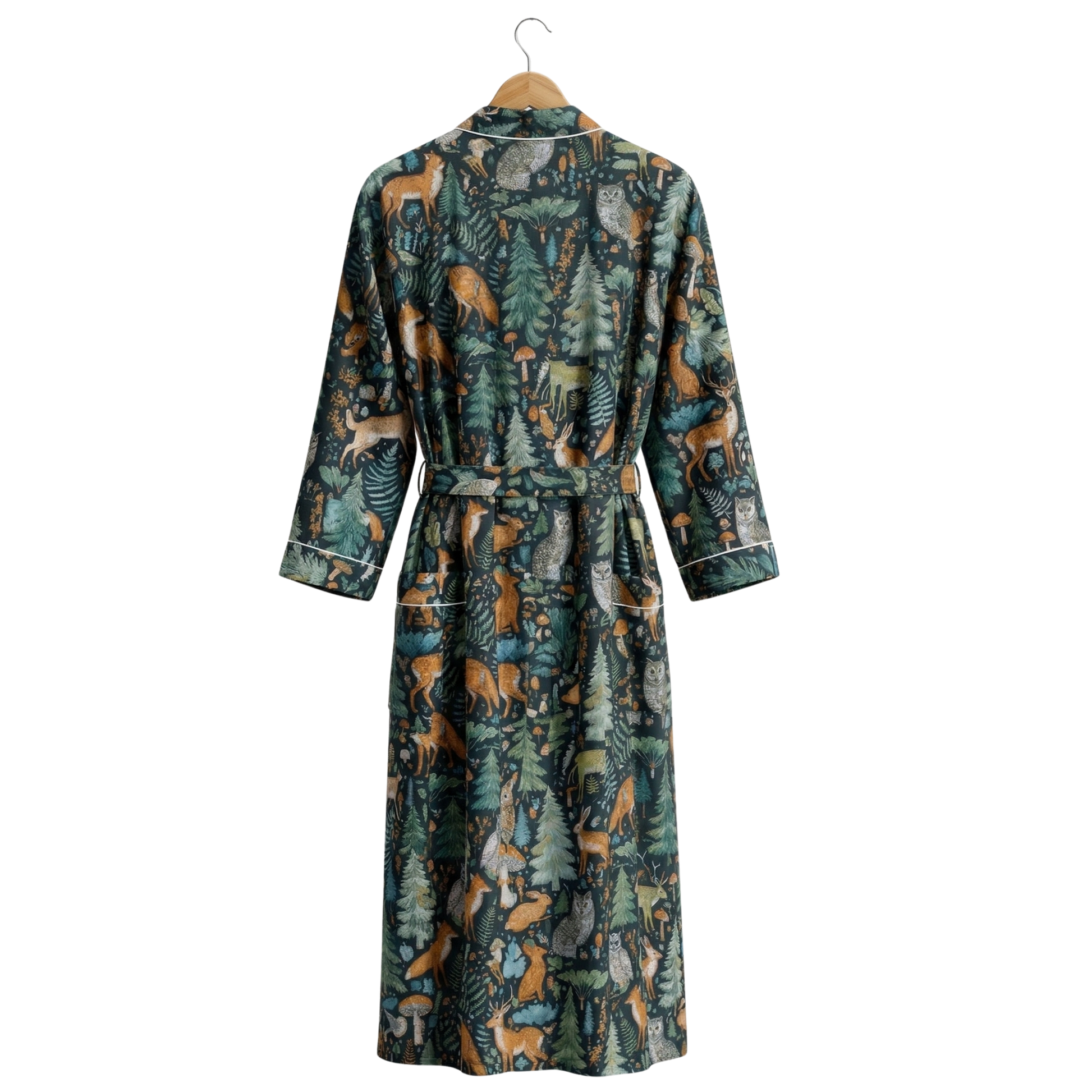 Midnight jungle riot women's cotton kimono. Dark, moody 
tropical jungle and wildlife print lightweight cotton housecoat.