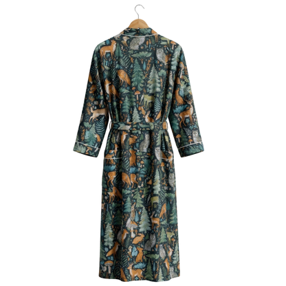 Midnight jungle riot women's cotton kimono. Dark, moody 
tropical jungle and wildlife print lightweight cotton housecoat.