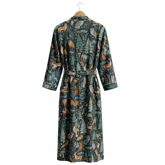 Midnight jungle riot women's cotton kimono. Dark, moody 
tropical jungle and wildlife print lightweight cotton housecoat.