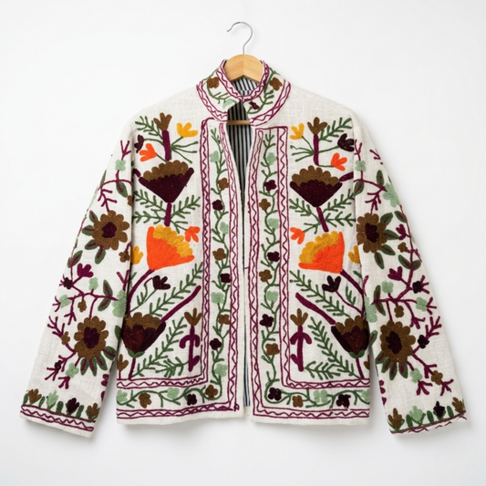 Women’s Snow Petal White Suzani Reversible Cotton Jacket – Artistic Embroidered Statement Jacket