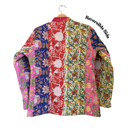 Pink Floral – Long Cotton Quilted Reversible Jacket