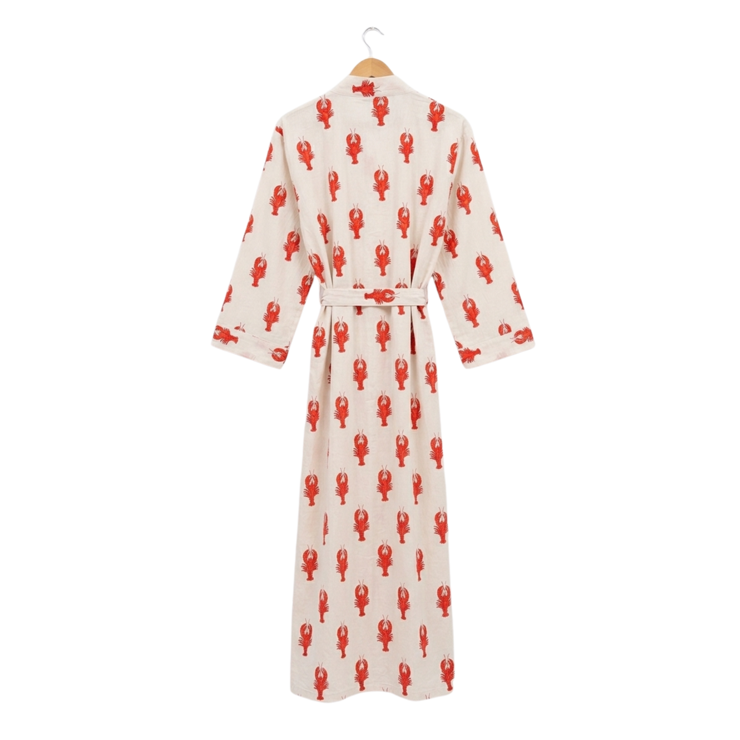 White Lobster Love women's cotton kimono. Quirky red
 lobster print lightweight white cotton dressing gown for beach or home.