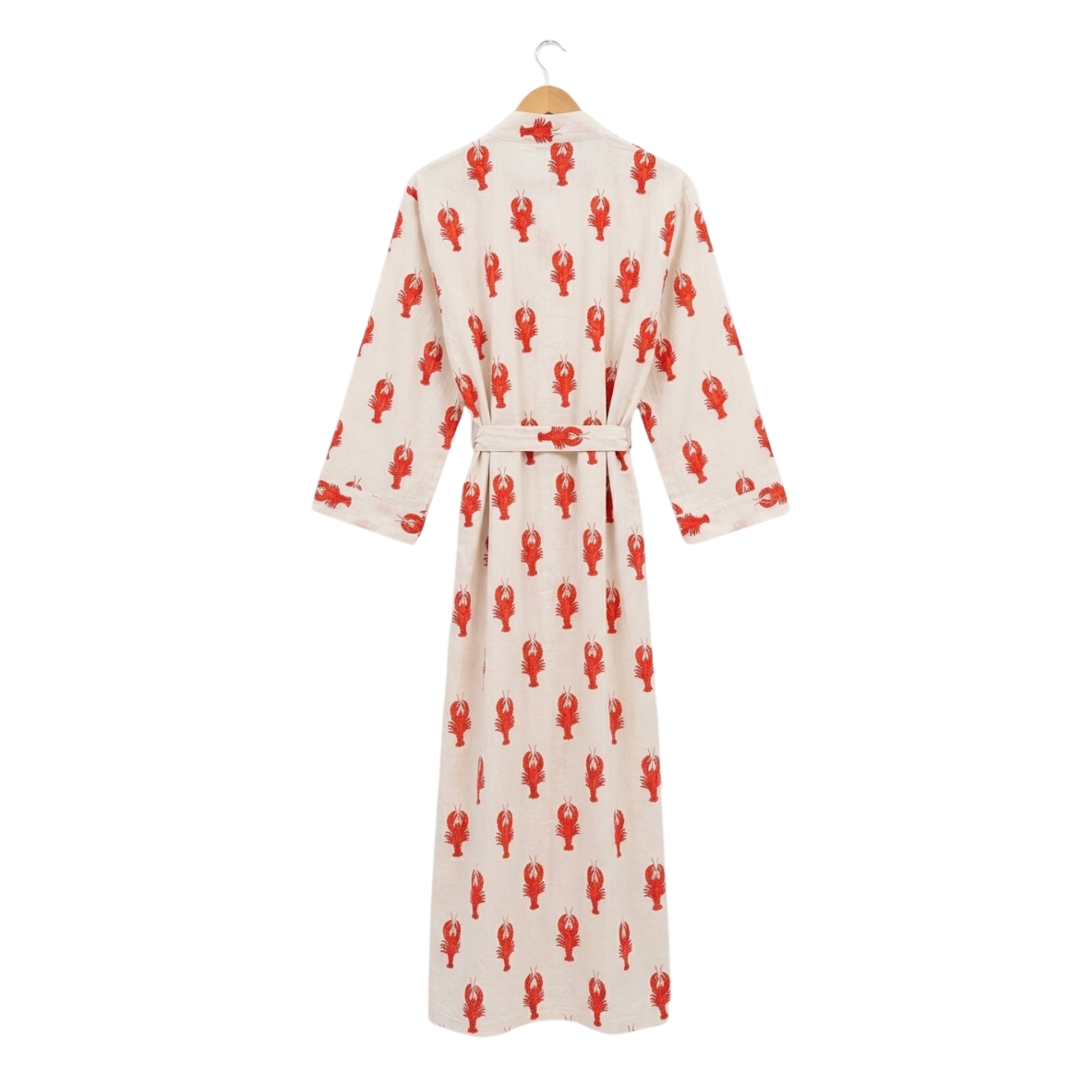 White Lobster Love women's cotton kimono. Quirky red
 lobster print lightweight white cotton dressing gown for beach or home.