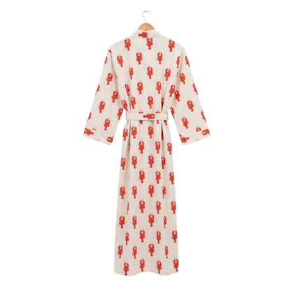 White Lobster Love women's cotton kimono. Quirky red
 lobster print lightweight white cotton dressing gown for beach or home.