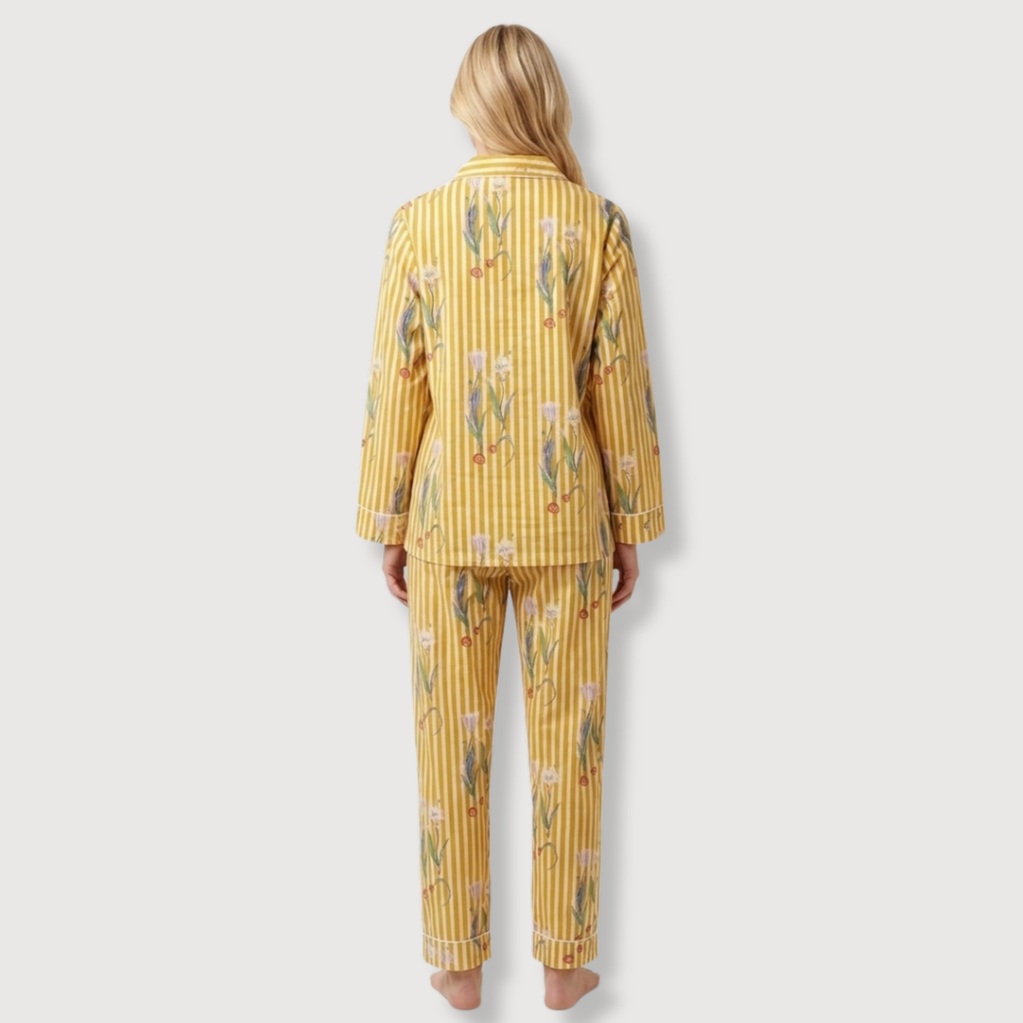 Women's Yellow Onion Stripe Cotton Night Suit Set – Elegant Two Piece Pajama Set