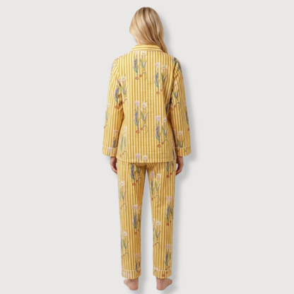 Women's Yellow Onion Stripe Cotton Night Suit Set – Elegant Two Piece Pajama Set