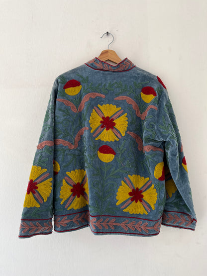 Women's Grey Floral Suzani Reversible Velvet Jacket – Artistic Embroidered Statement Jacket