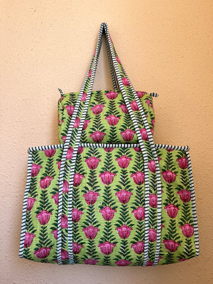 Green pink Lotus floral Quilted Tote & Pouch Set