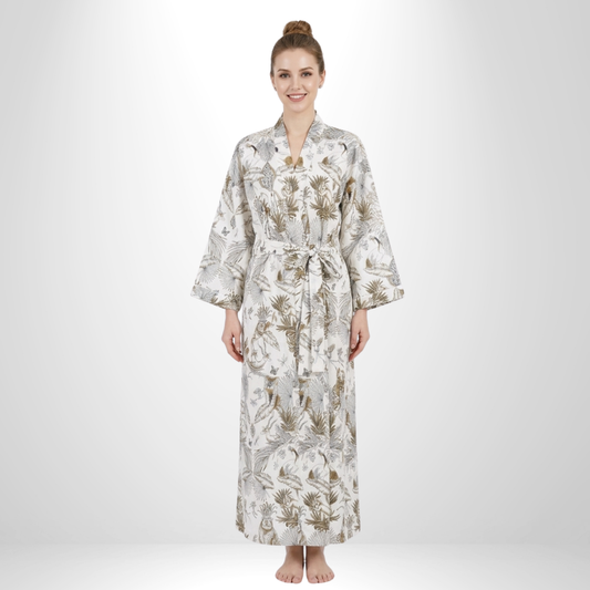 White jungle women's cotton kimono robe. Classic tropical
 green foliage and white lightweight cotton housecoat.