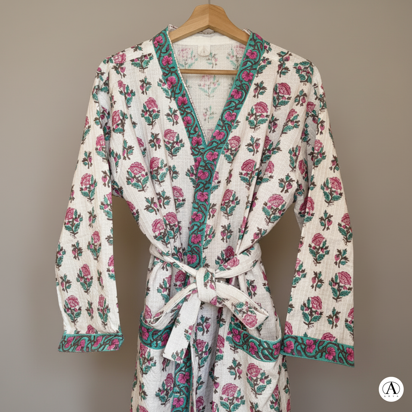 Petal White Comfort Handblock Waffle Bathrobe – Luxury Spa Robe
