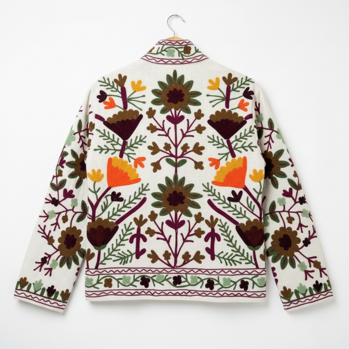 Women’s Snow Petal White Suzani Reversible Cotton Jacket – Artistic Embroidered Statement Jacket