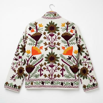 Women’s Snow Petal White Suzani Reversible Cotton Jacket – Artistic Embroidered Statement Jacket