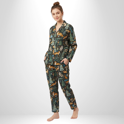 Women's Black Midnight Jungle Cotton Night Suit Set – Elegant Two Piece Pajama Set
