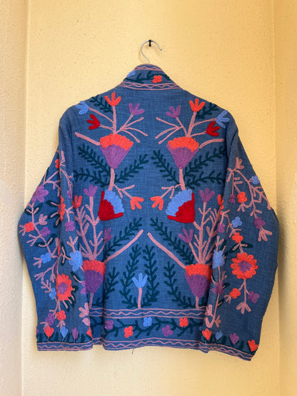 Women's Light Blue Suzani Reversible Jacket – Artistic Embroidered Statement Jacket